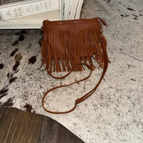 Handbags - Brown Faux Leather Fringe Crossbody Purse
